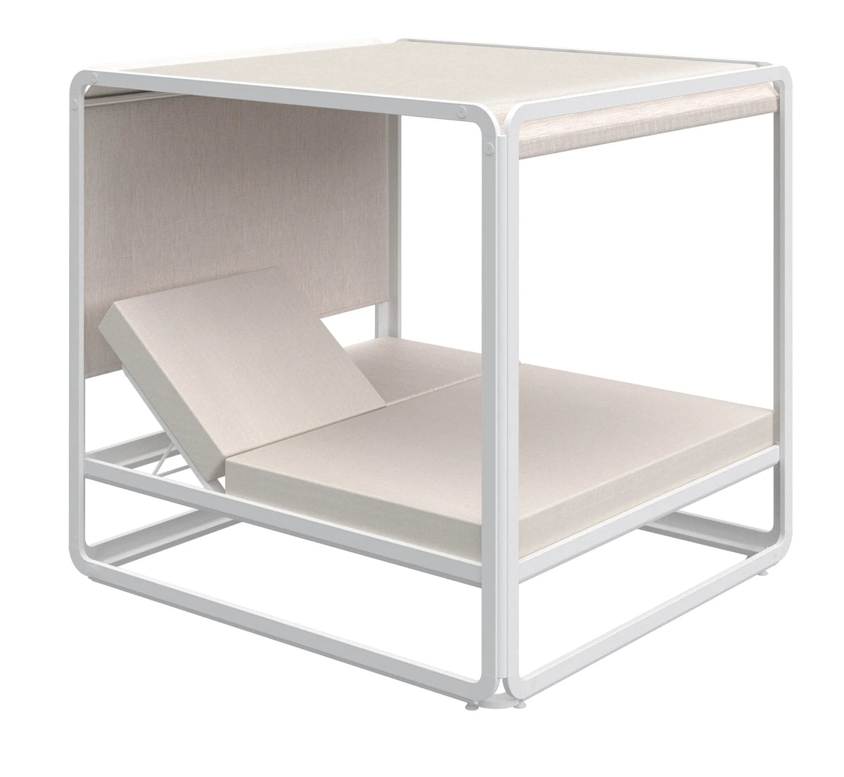 Cama Balinesa IBIZA XL de Ezpeleta en aluminio blanco, destacando su toldo superior y colchón New Nautic.