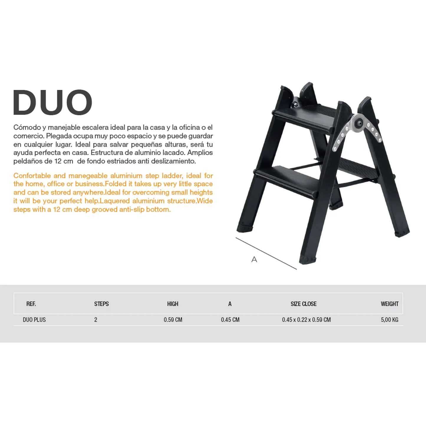 Esquema escalera de aluminio lacado negro DUO PLUS con 2 peldaños anchos de 12 cm y sistema de seguridad.