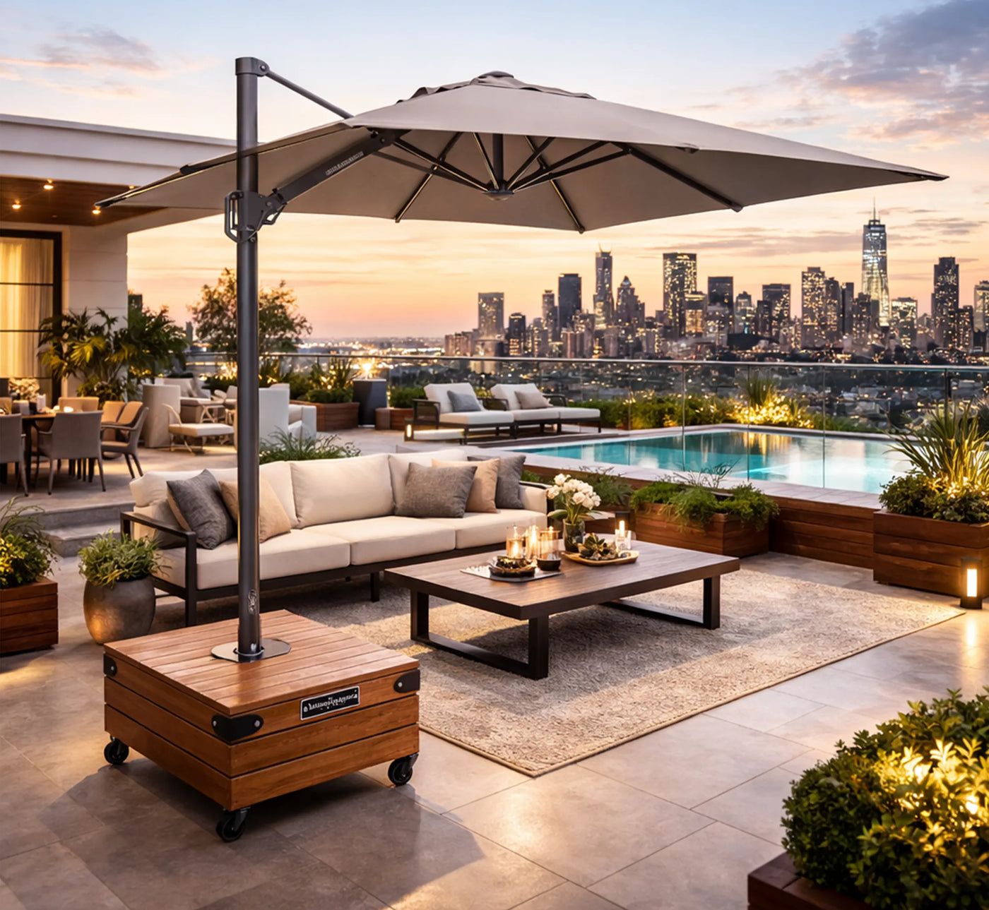 Base DADO 3 de 140 kg de La Carpintería con acabado nogal en una terraza amplia.