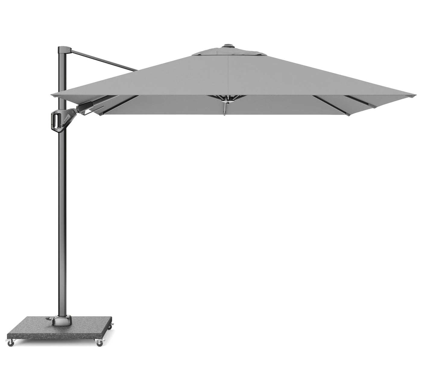 Parasol lateral Voyager T² de 2,7 metros en color gris para terraza pequeña.
