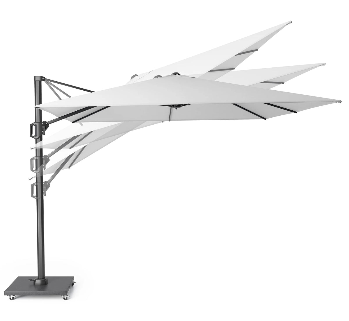 Detalle del sistema telescópico que evita el choque con el mobiliario de terraza.