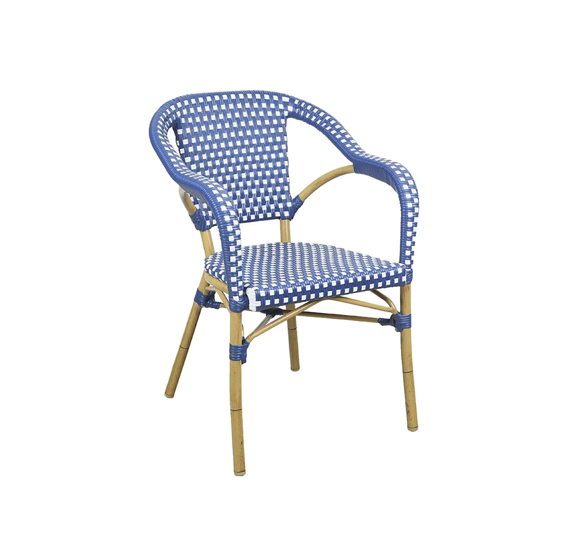Sillón ARLÉS de estilo parisino en color azul con estructura de aluminio efecto bambú.