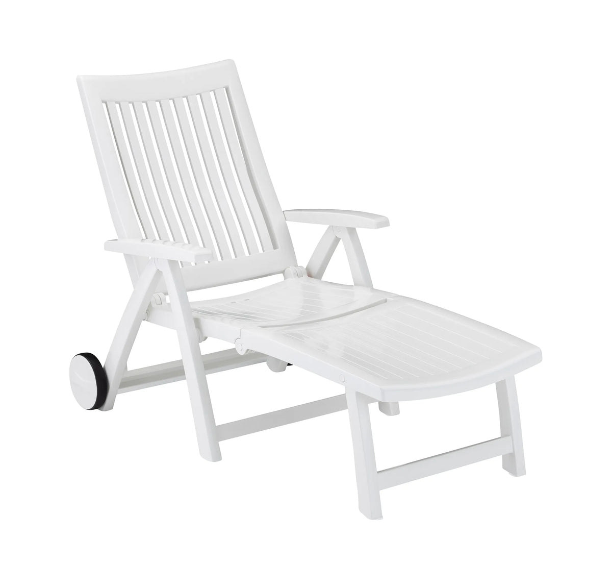 Tumbona plegable ROMA de Kettler en color blanco, mostrando su diseño ergonómico y reposabrazos integrados.
