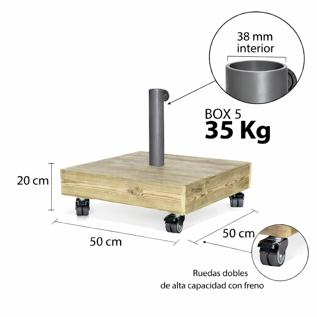 Base para Sombrilla BOX 5 con Ruedas 35 kg - Pie Central