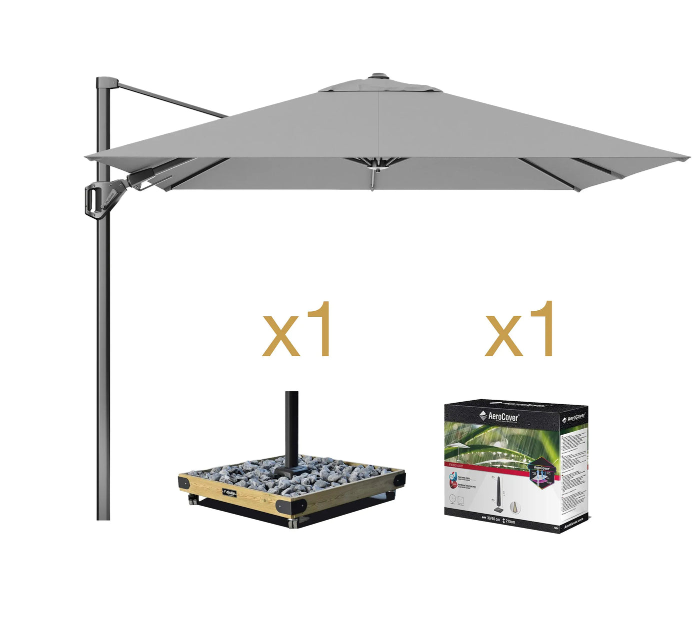Pack Parasol VOYAGER gris de 270x270 cm con base de madera NOVA 8.