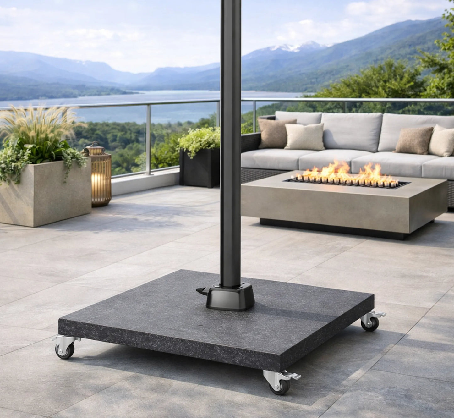 Base MODENA con ruedas instalada en una terraza.