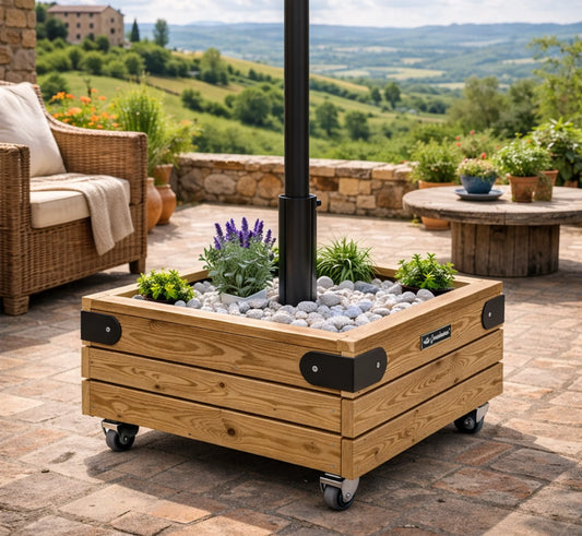 Base artesanal de madera CUBO de 140 kg para sombrillas laterales grandes.