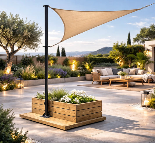 Vela sombreadora instalada sobre bases NOVA PULSO con función de jardinera.