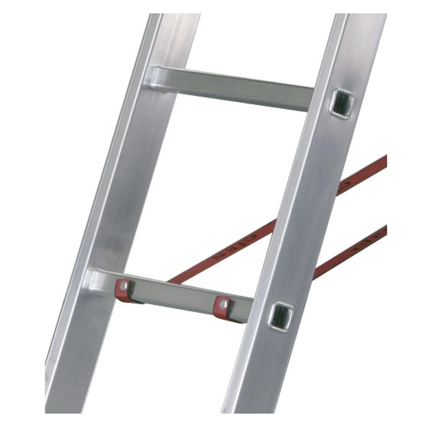 Escalera de 2 tramos Premium configurada para trabajos de construcción con cintas de seguridad.