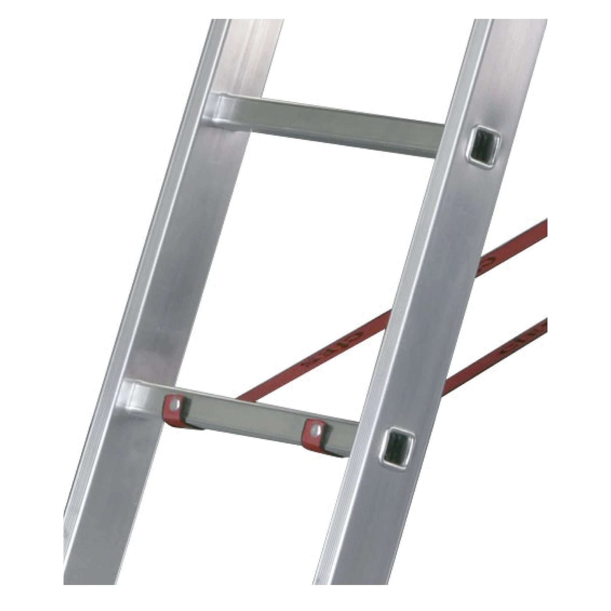 Escalera de 2 tramos Premium configurada para trabajos de construcción con cintas de seguridad.