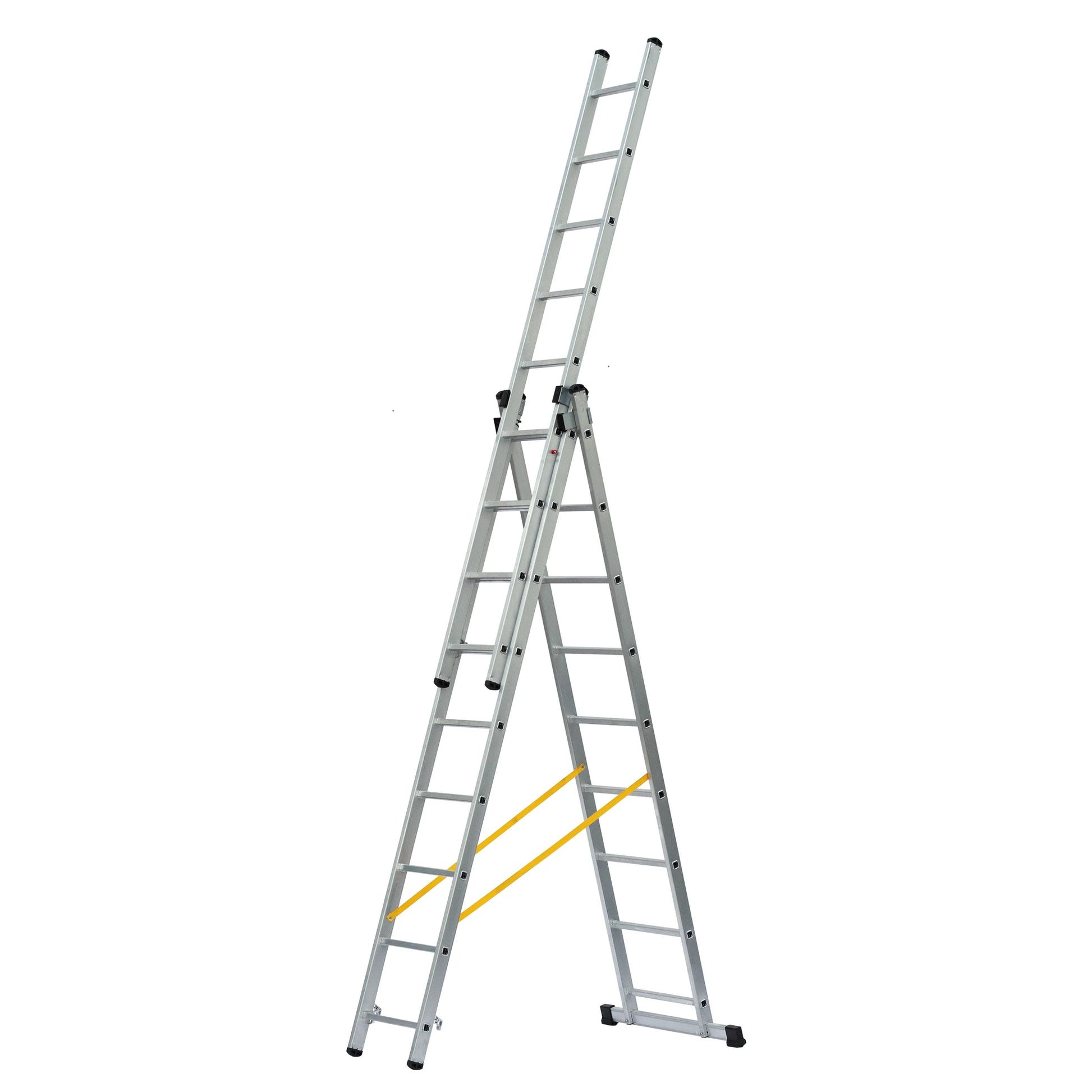 Escalera de aluminio de 3 tramos Big Boy configurada en posición de tijera con tercer tramo extendido.