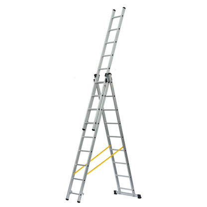 Escalera de aluminio de 3 tramos Big Boy configurada en posición de tijera con tercer tramo extendido.