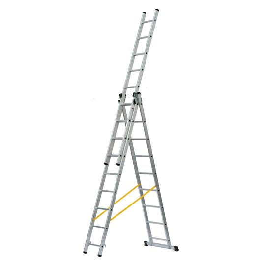 Escalera de aluminio de 3 tramos Big Boy configurada en posición de tijera con tercer tramo extendido.