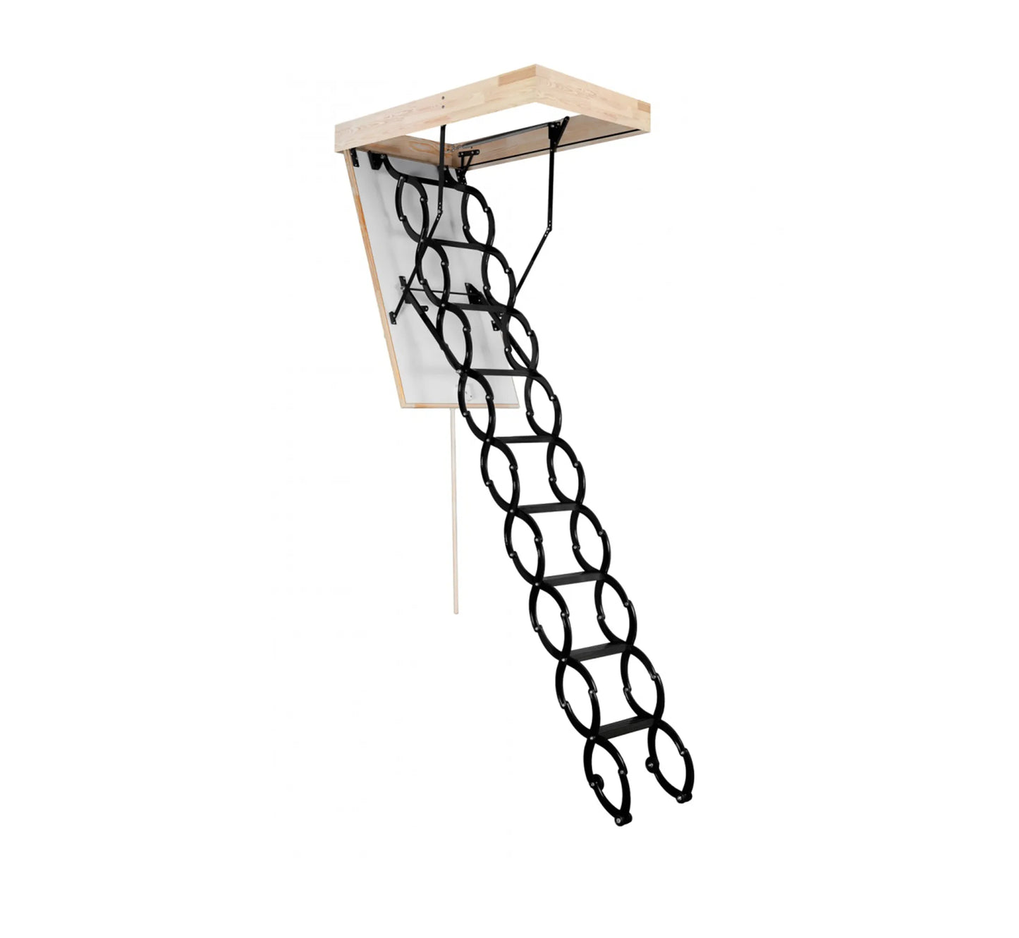 Escalera de techo de hierro desplegada con sistema de acordeón.