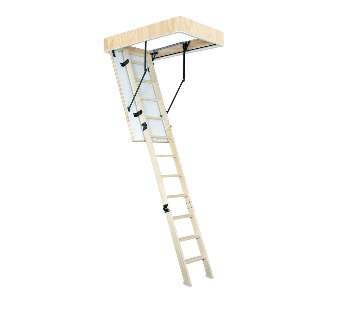 Escalera de techo de madera de abeto desplegada en tres tramos.