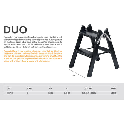 Esquema escalera de aluminio lacado negro DUO PLUS con 2 peldaños anchos de 12 cm y sistema de seguridad.
