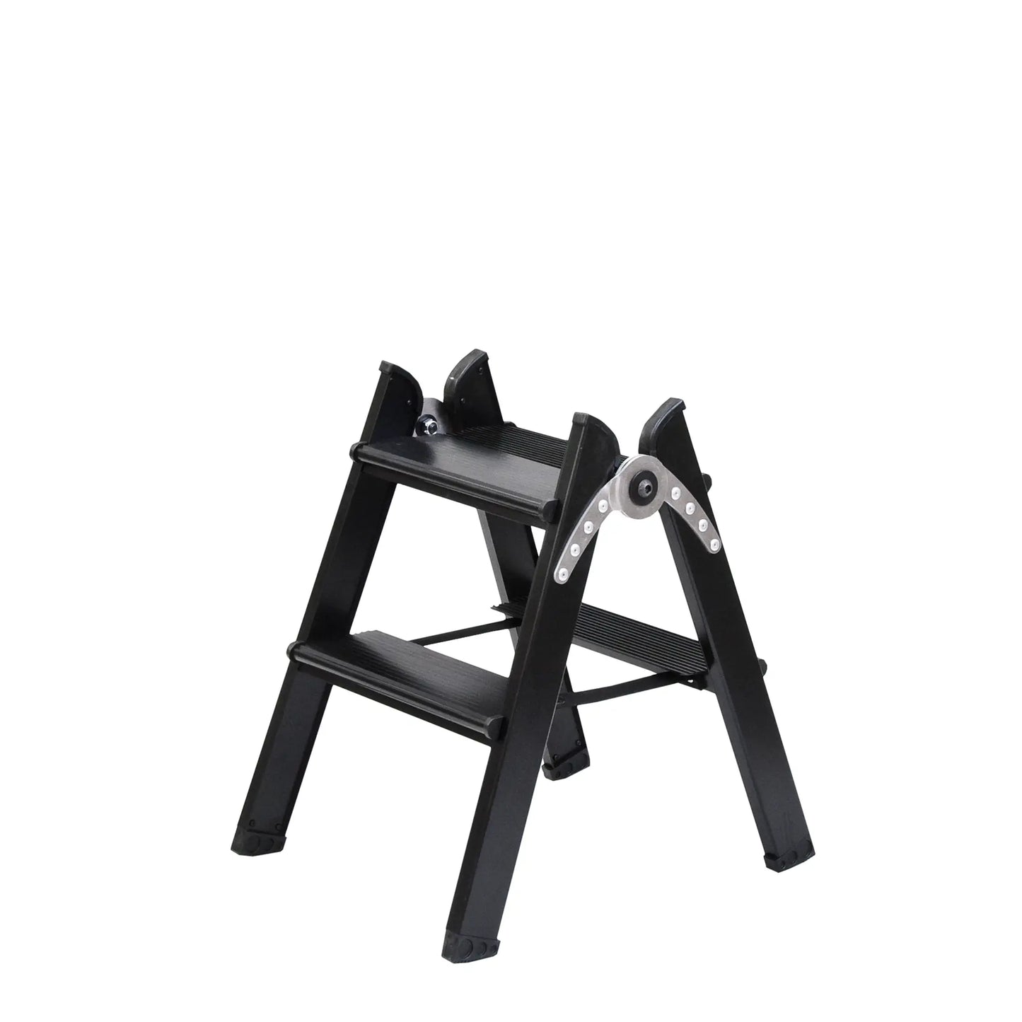 Escalera de aluminio lacado negro DUO PLUS con 2 peldaños anchos de 12 cm y sistema de seguridad.