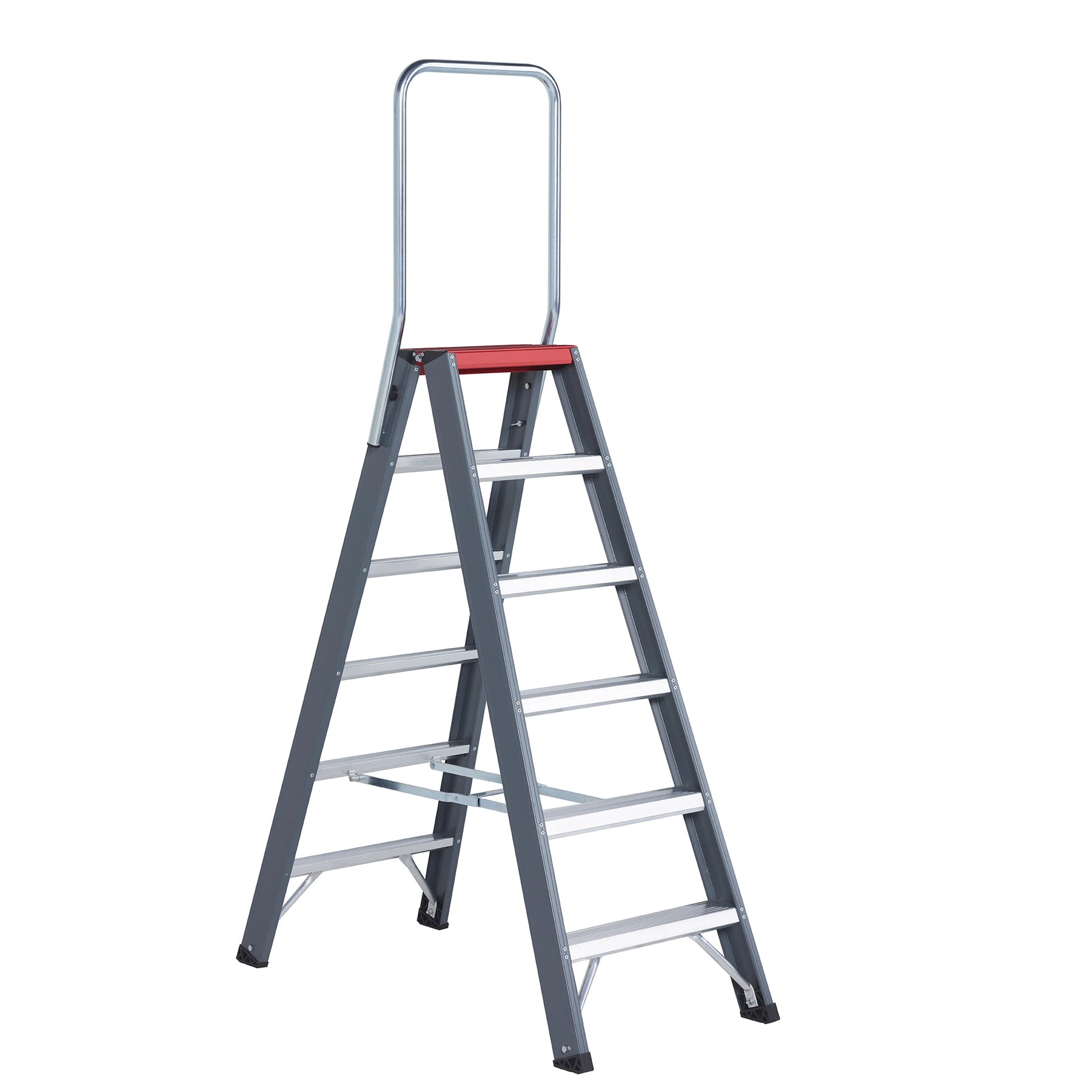 Escalera de doble acceso Altrex Falco FDO con acabado anodizado gris para uso industrial.