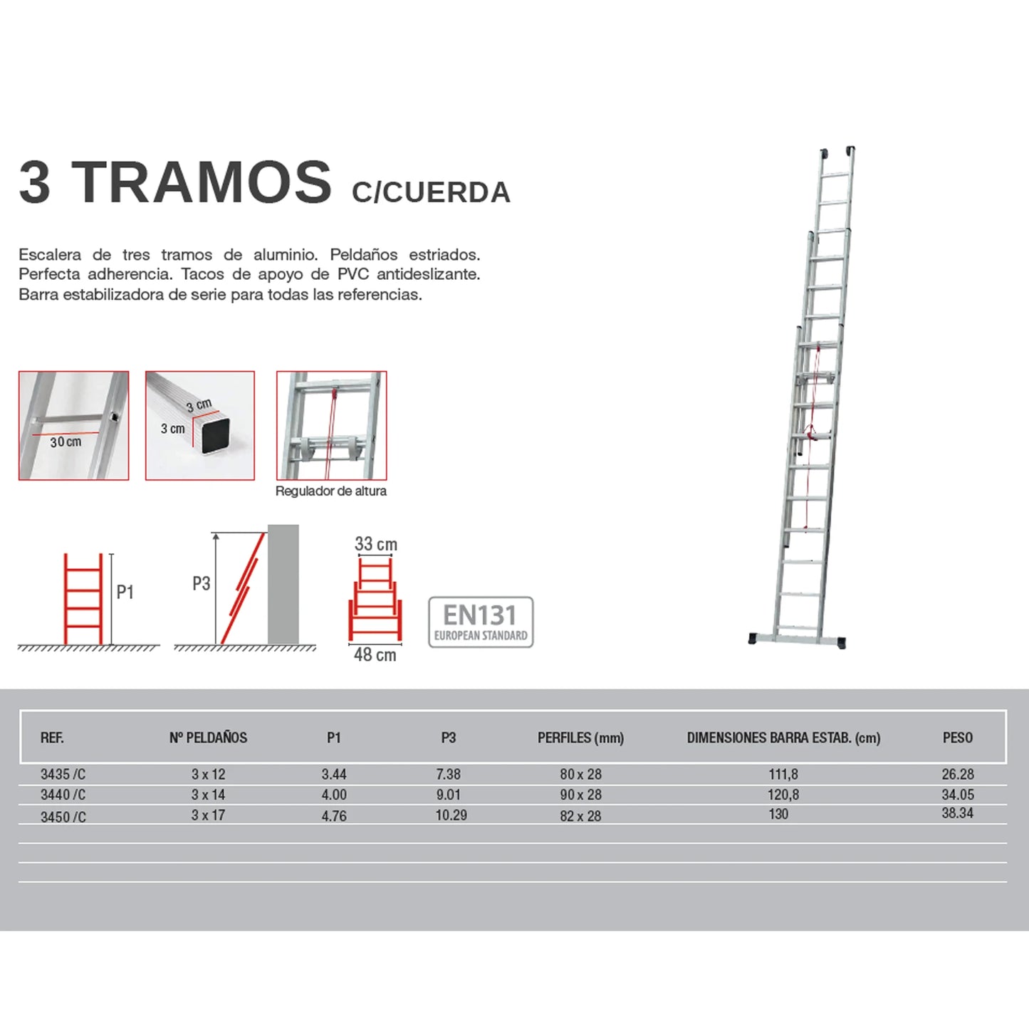 Escadote Industrial de 3 Troços com Corda