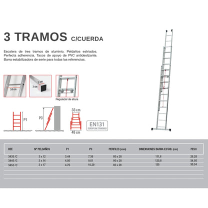 Escadote Industrial de 3 Troços com Corda