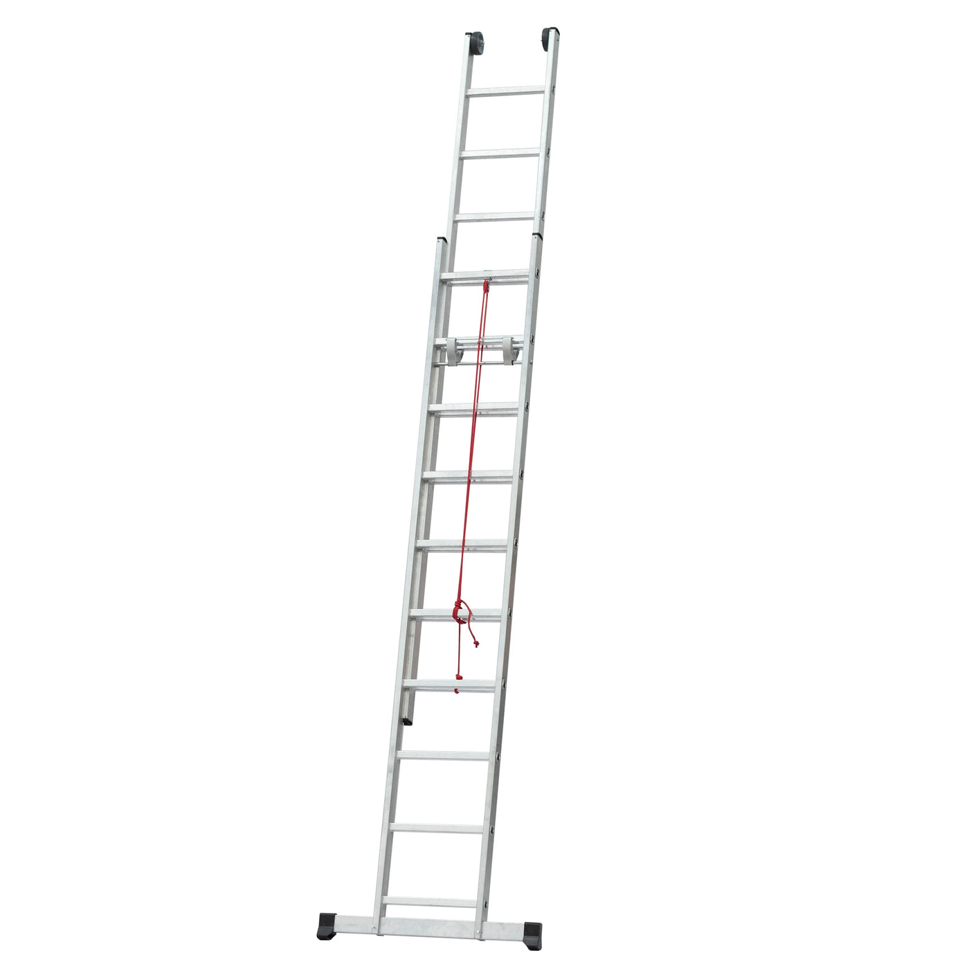 Escalera industrial de 2 tramos con mecanismo de cuerda y ruedas para industria.