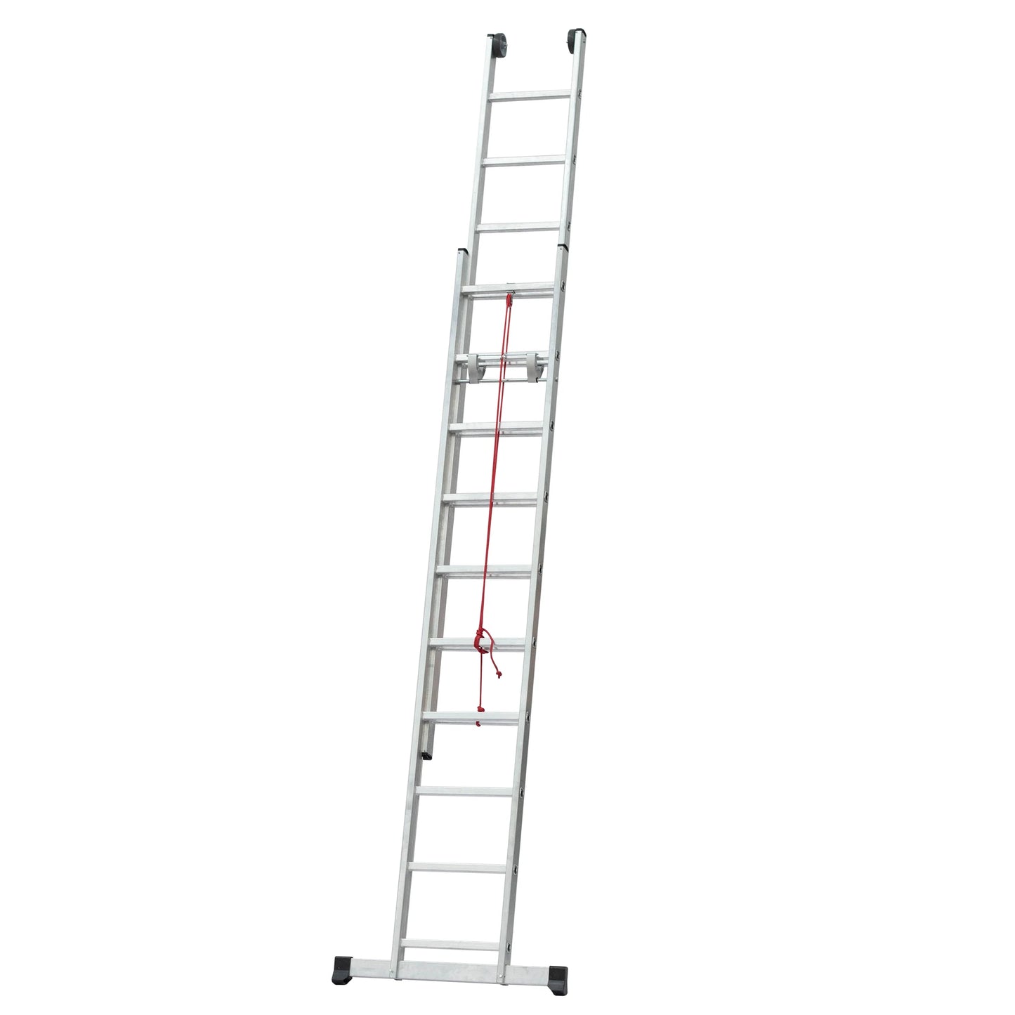 Escalera industrial de 2 tramos con mecanismo de cuerda y ruedas para industria.