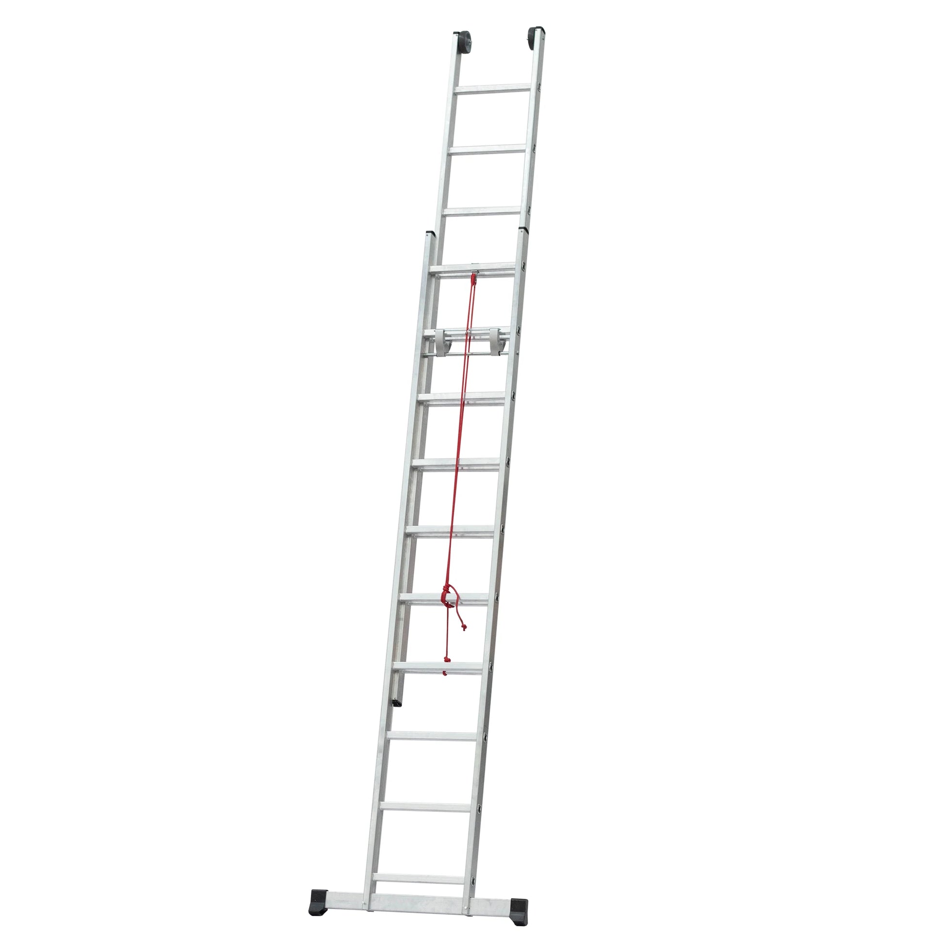 Escalera industrial de 2 tramos con mecanismo de cuerda y ruedas para industria.