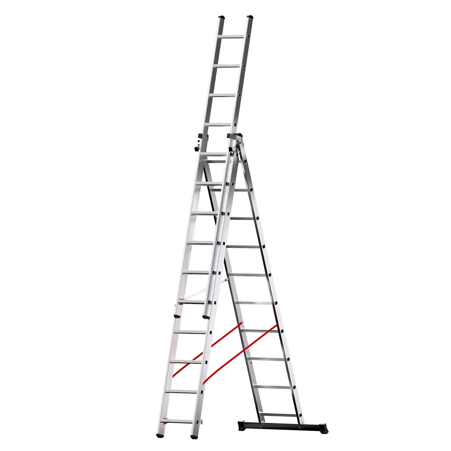 Escalera de 3 tramos industrial configurada para trabajos de construcción en altura en modo tijera.