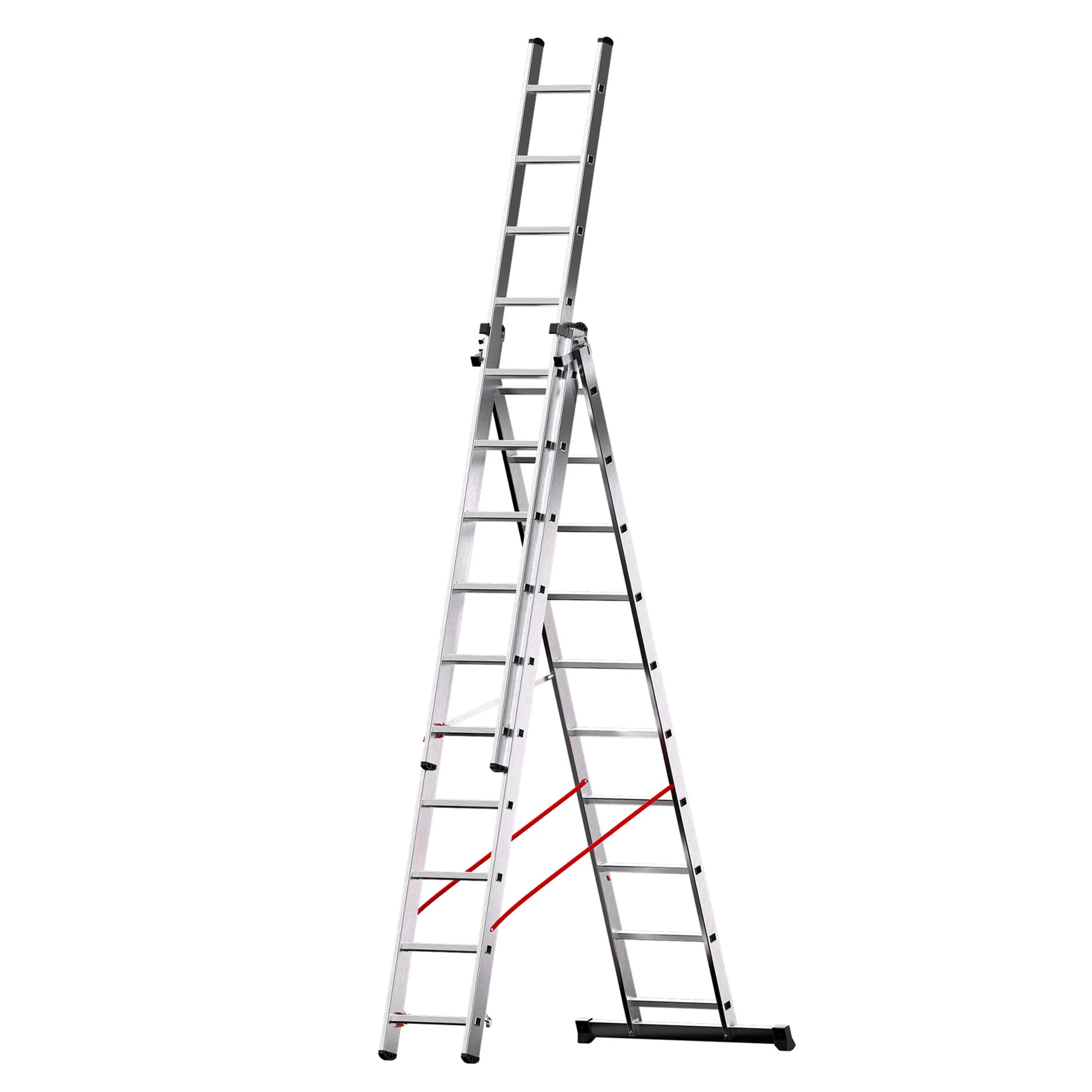 Escalera de 3 tramos industrial configurada para trabajos de construcción en altura en modo tijera.