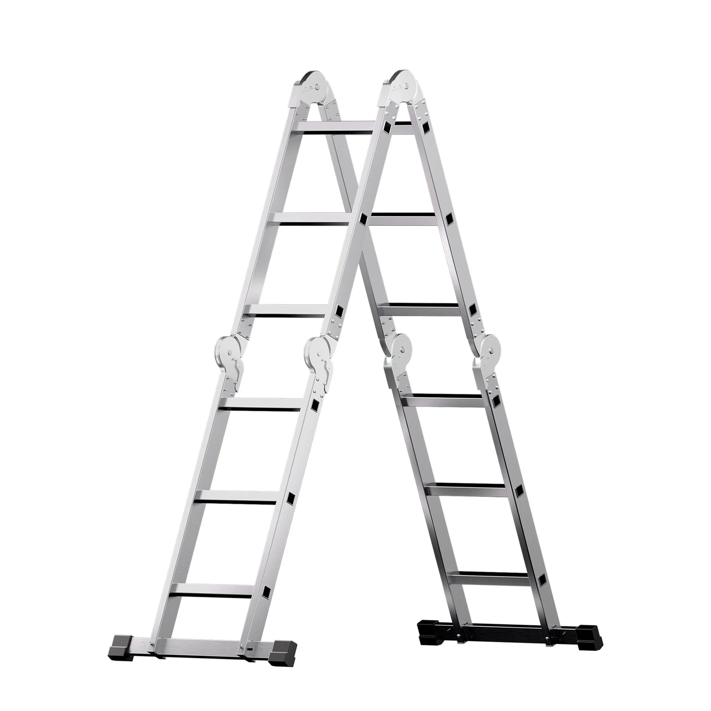 Escalera de aluminio 3 en 1 en posición de tijera y extensible para exteriores.