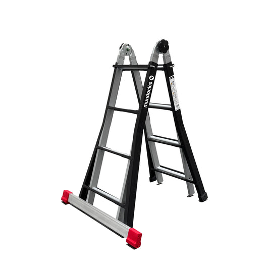 Escalera telescópica de hierro Sansón 4x4 lacada en negro y gris con barra estabilizadora de serie.