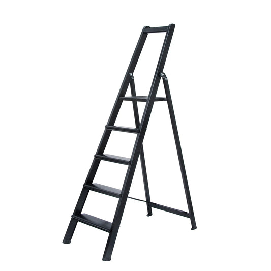 Escalera de aluminio lacada en negro mate Unno Plus de 5 peldaños con diseño premium.