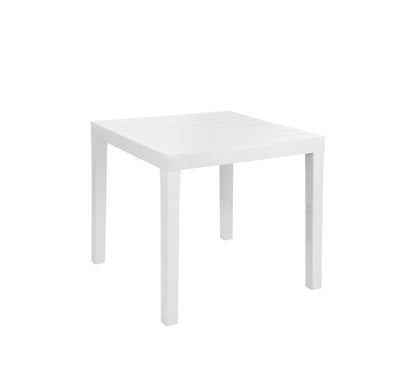 Mesa de comedor exterior BALI de 80x80 cm en color blanco, ideal para crear un ambiente fresco y moderno en el jardín.