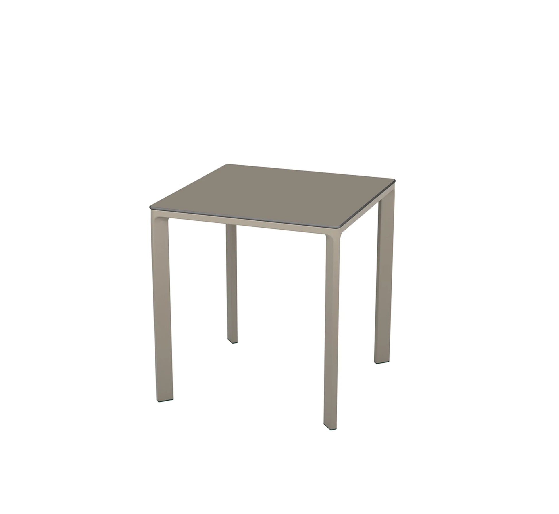 Mesa MEET de Ezpeleta en color taupe, destacando su estructura de aluminio lacado y tablero compacto de alta densidad.