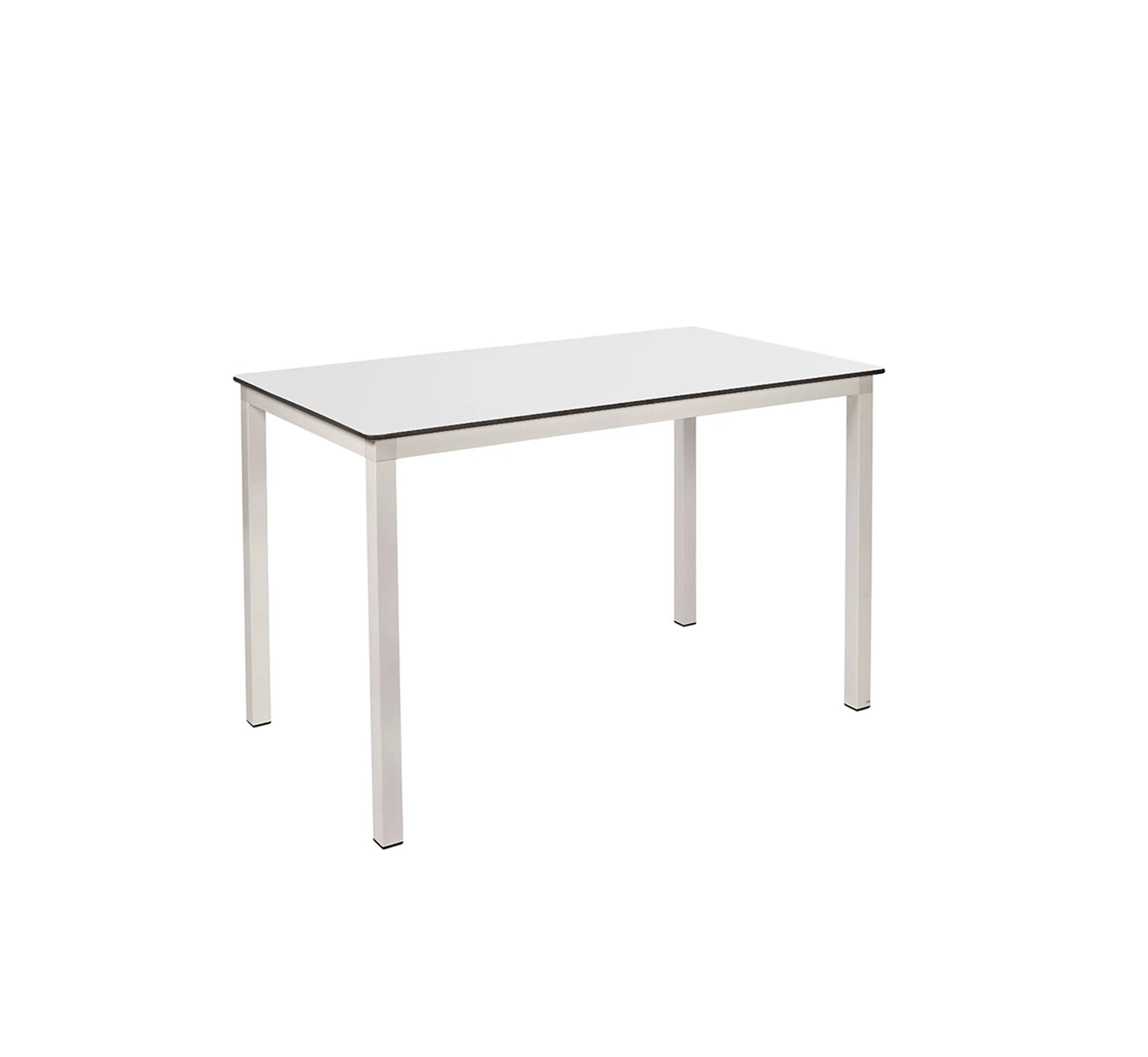 Mesa rectangular MÓNACO de Ezpeleta en color blanco, resaltando su tablero compacto de 120x80 cm y estructura de aluminio.