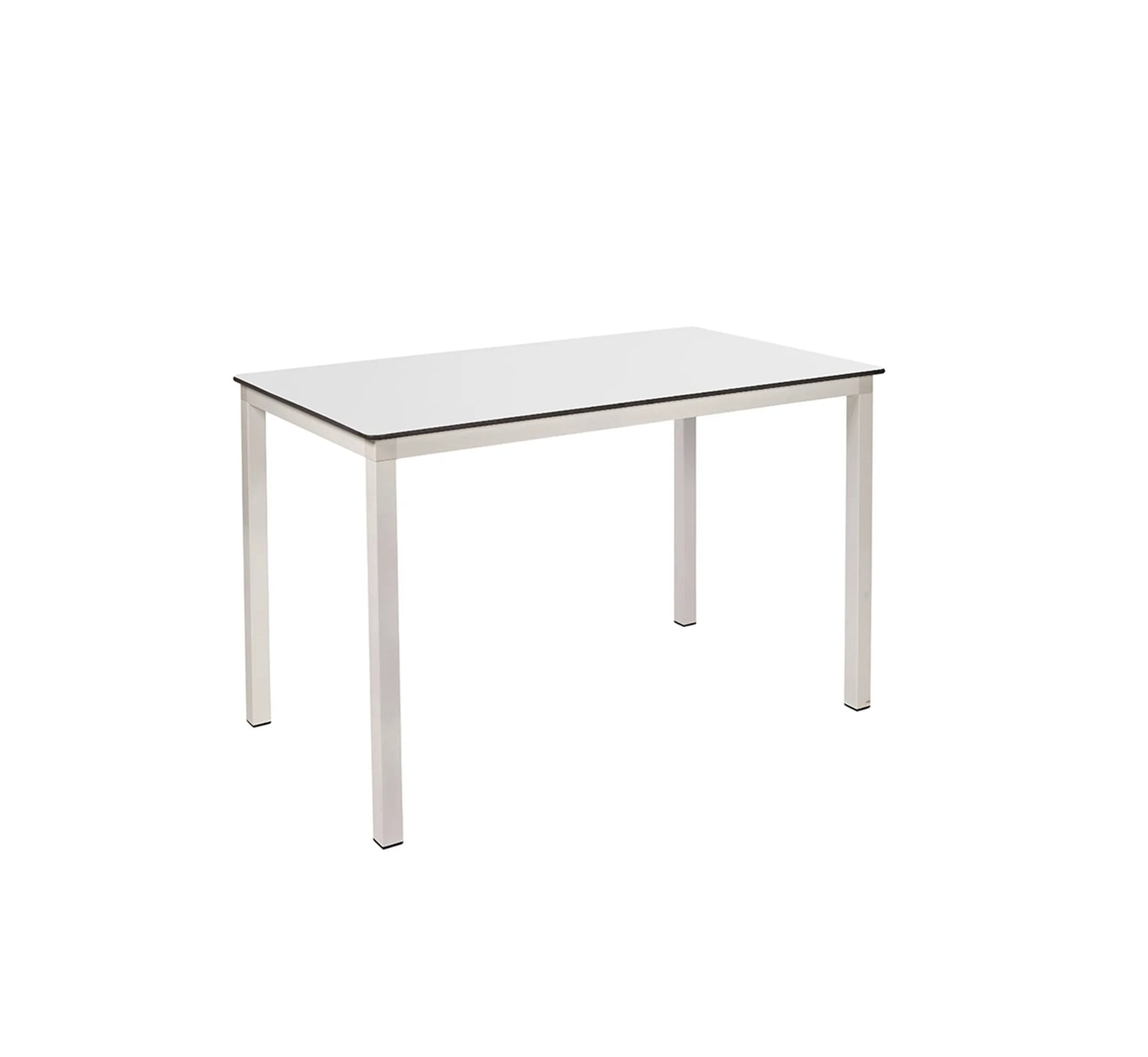 Mesa rectangular MÓNACO de Ezpeleta en color blanco, resaltando su tablero compacto de 120x80 cm y estructura de aluminio.