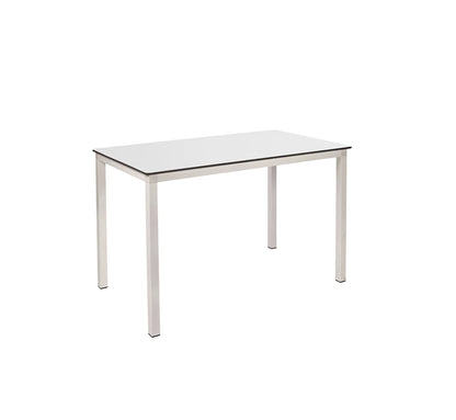 Mesa rectangular MÓNACO de Ezpeleta en color blanco, resaltando su tablero compacto de 120x80 cm y estructura de aluminio.