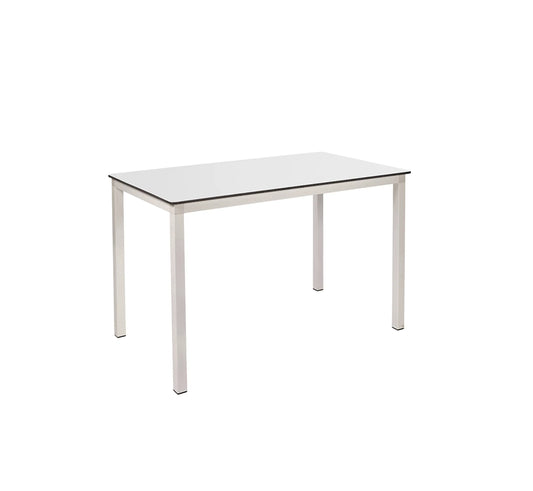 Mesa rectangular MÓNACO de Ezpeleta en color blanco, resaltando su tablero compacto de 120x80 cm y estructura de aluminio.