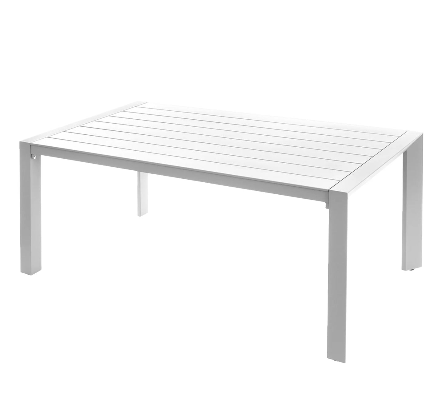 Mesa de comedor exterior IO de aluminio lacado, resaltando su diseño minimalista y gran formato de 180 cm.