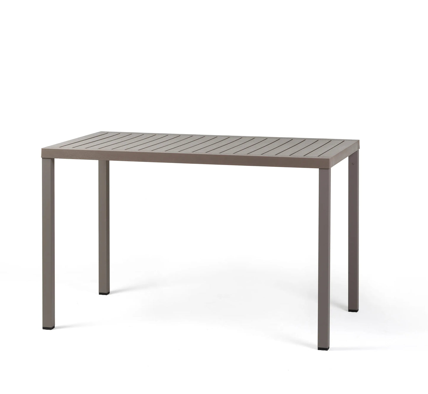 Mesa rectangular CUBE de Nardi en color tortora, mostrando su tablero de 140x80 cm y patas de aluminio de diseño minimalista.
