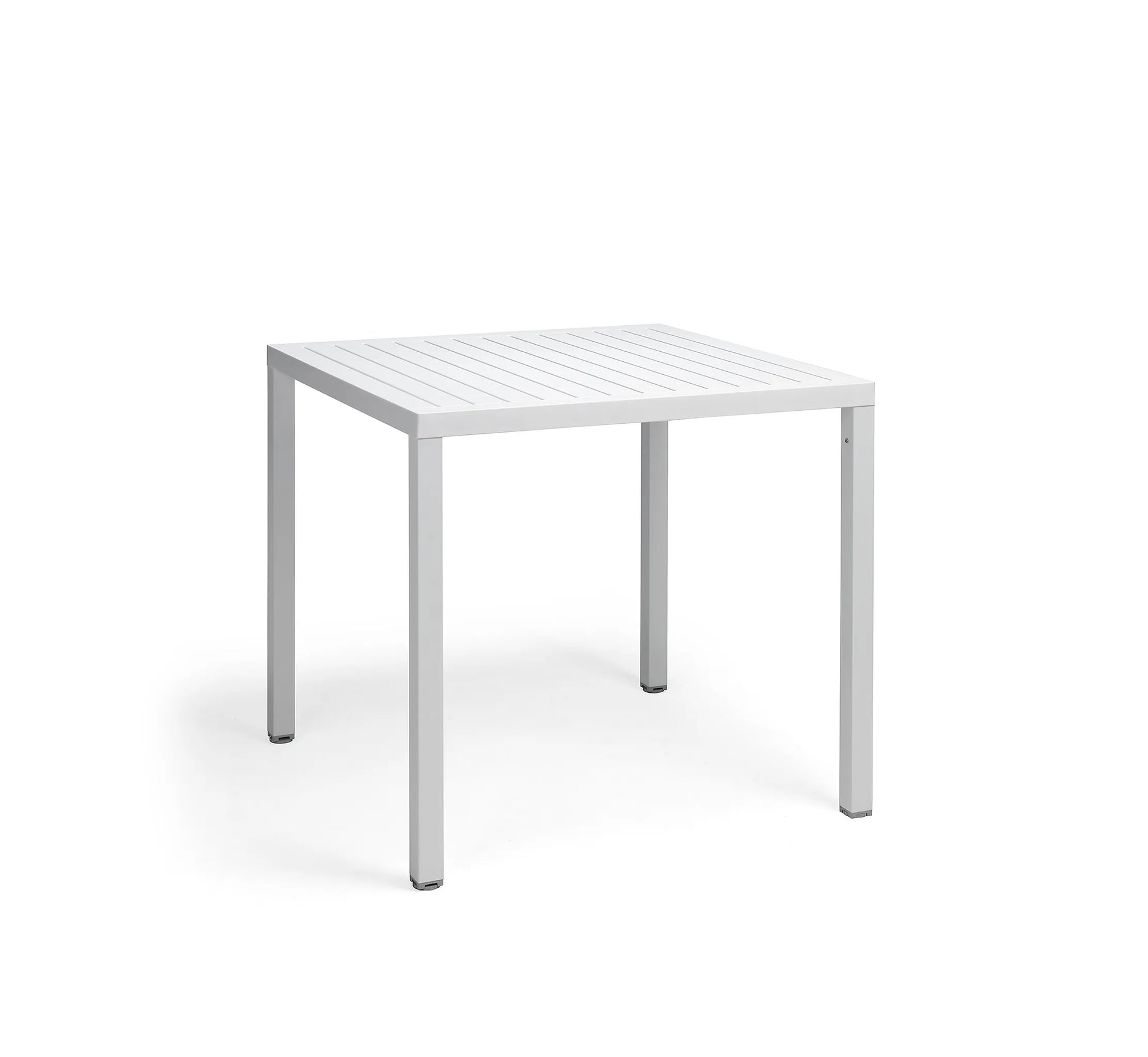 Mesa cuadrada CUBE de Nardi en color blanco, resaltando su tablero DurelTOP y patas de aluminio de sección cuadrada.