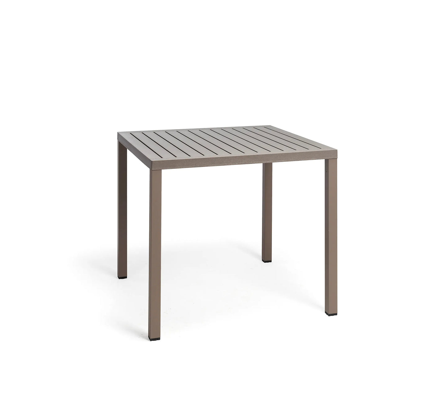 Mesa cuadrada CUBE de Nardi en color marrón, resaltando su tablero DurelTOP y patas de aluminio de sección cuadrada.