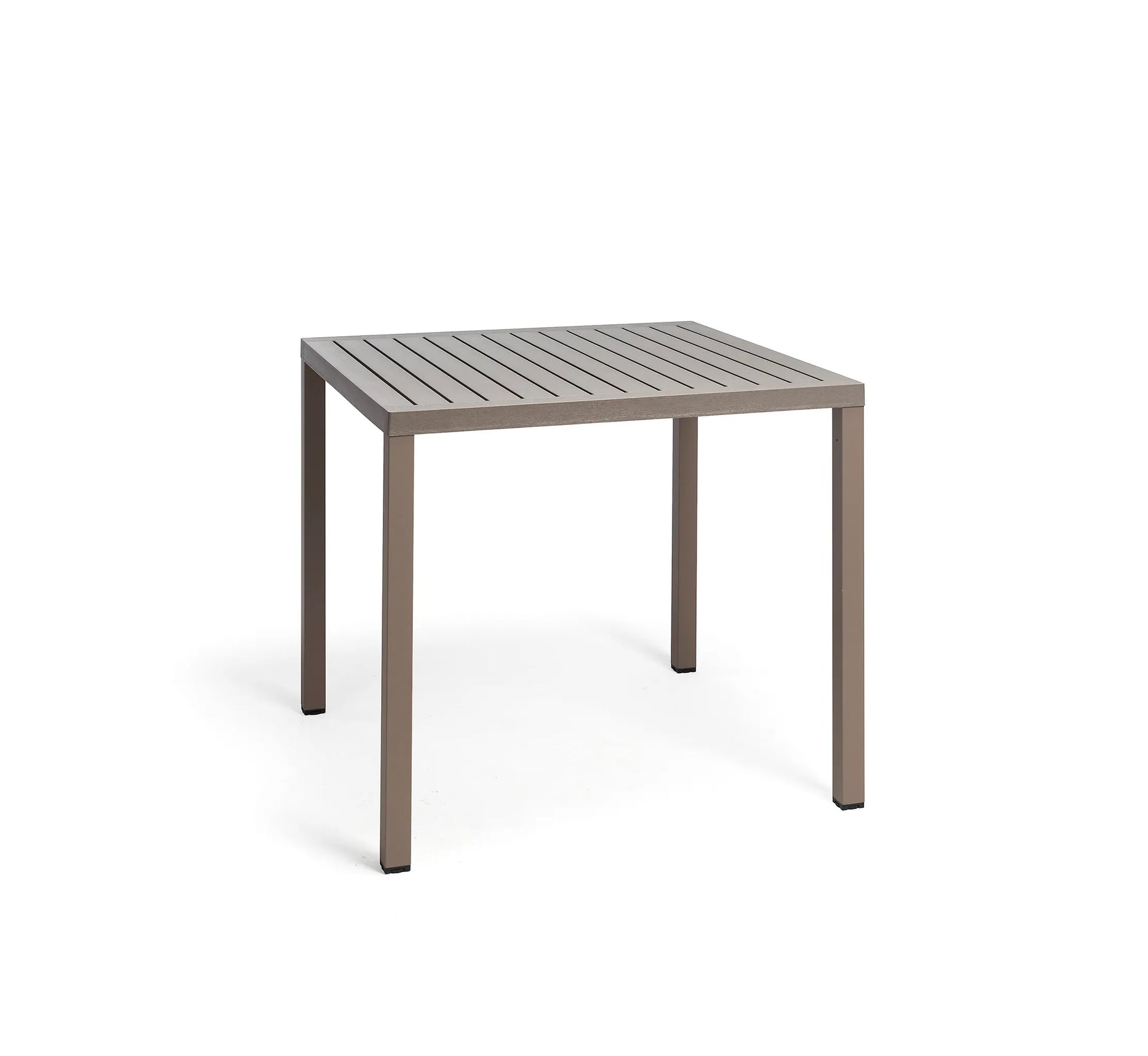 Mesa cuadrada CUBE de Nardi en color marrón, resaltando su tablero DurelTOP y patas de aluminio de sección cuadrada.