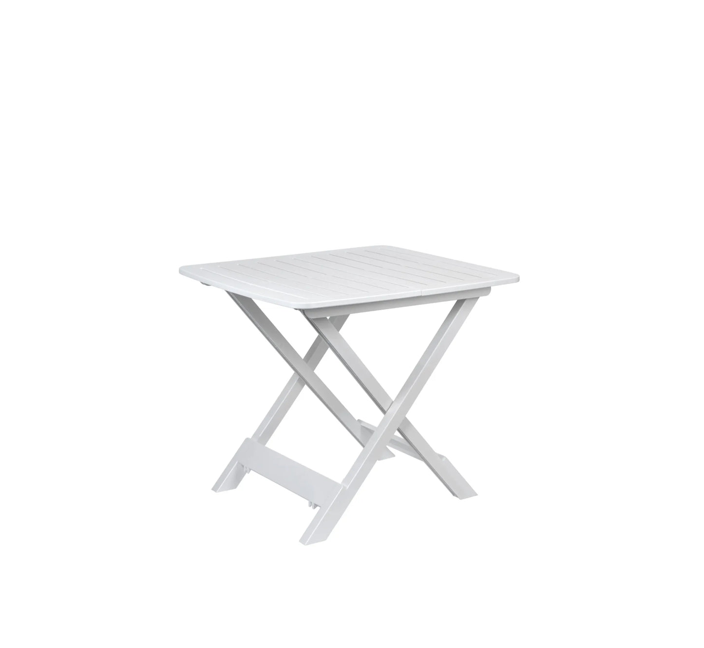 Mesa baja plegable de resina en color blanco, una solución versátil y ligera para balcones con encanto.