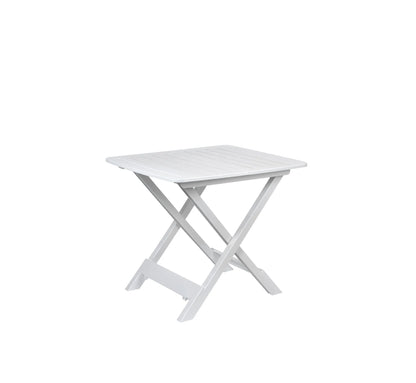 Mesa baja plegable de resina en color blanco, una solución versátil y ligera para balcones con encanto.