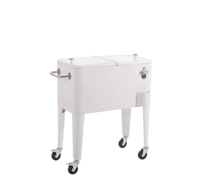 Nevera Vintage de metal blanca con ruedas, diseño retro-chic para fiestas exclusivas en el jardín.