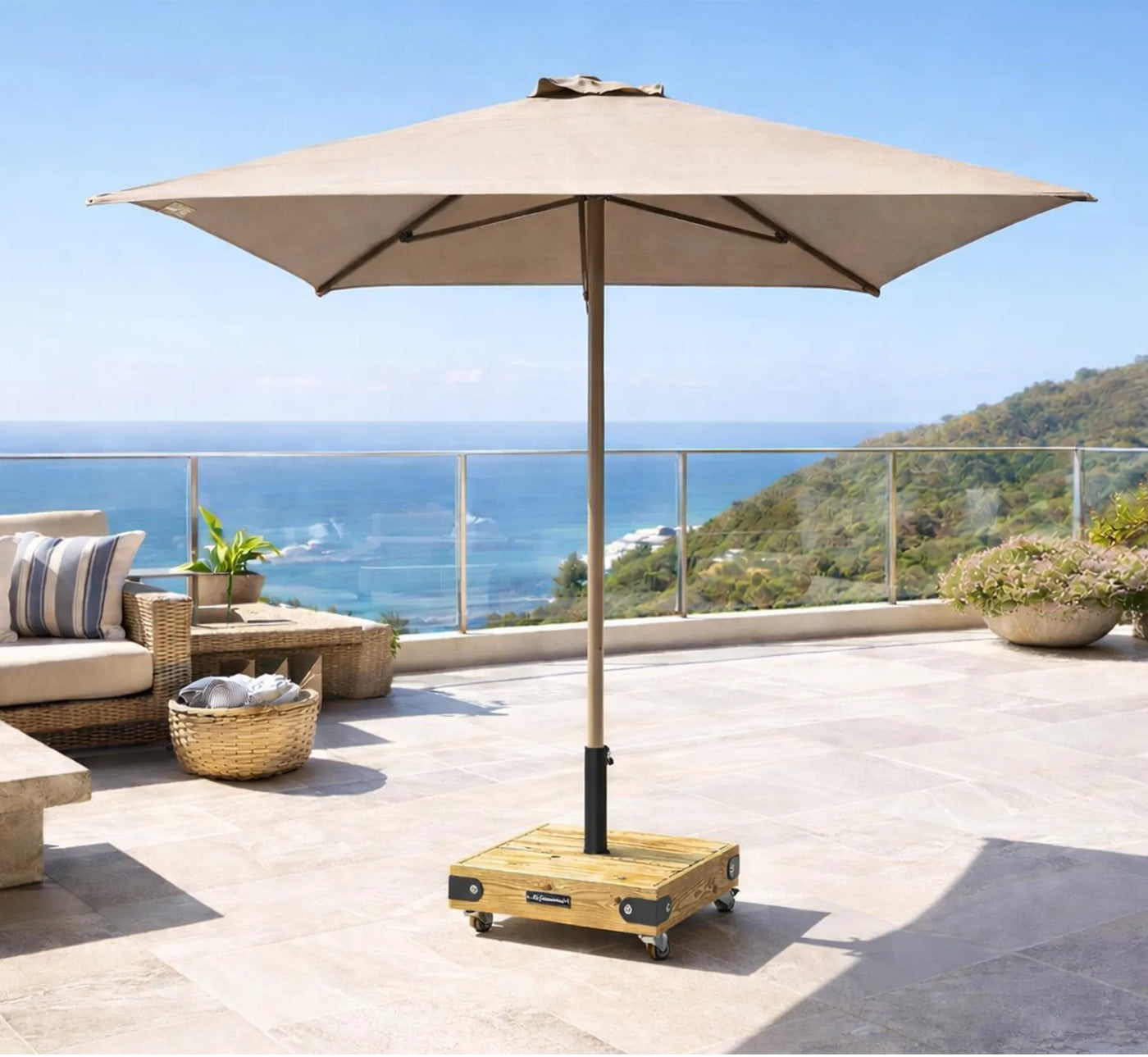 Pack Parasol EOLO color topo con base de madera BOX 6 de 50 kg.
