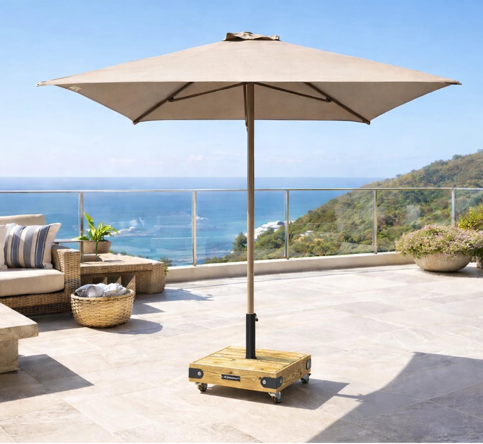 Pack Parasol EOLO color topo con base de madera BOX 6 de 50 kg.