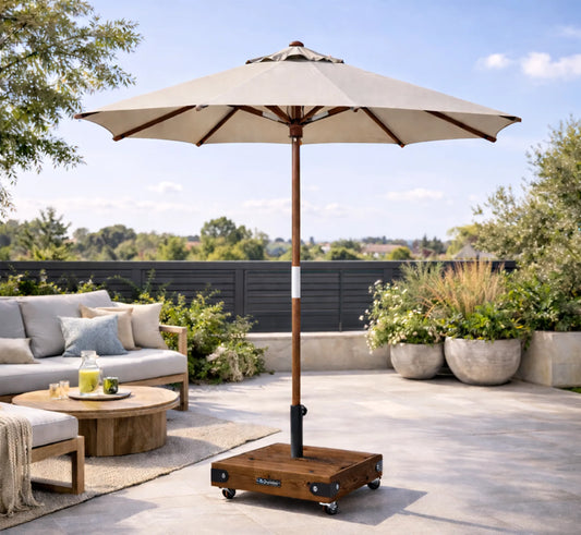 Pack Parasol Ezpeleta JAVA de 3 metros con base de madera BOX 6 en acabado nogal.