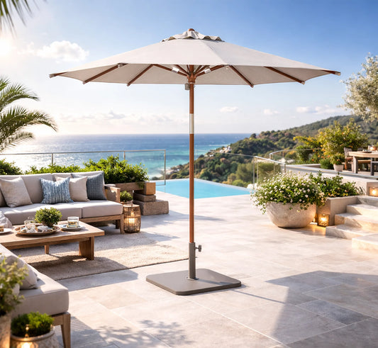 Pack Parasol JAVA de madera de eucalipto en color arena con base y funda.